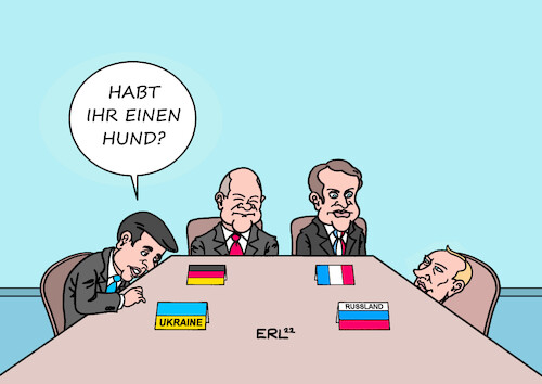 Cartoon: Normandie-Format (medium) by Erl tagged politik,konflikt,russland,ukraine,westen,drohung,militär,diplomatie,gespräche,normandie,format,frankreich,deutschland,selenskyj,scholz,macron,putin,tisch,hund,karikatur,erl,politik,konflikt,russland,ukraine,westen,drohung,militär,diplomatie,gespräche,normandie,format,frankreich,deutschland,selenskyj,scholz,macron,putin,tisch,hund,karikatur,erl