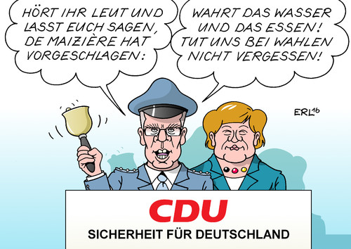 Cartoon: Notfallpläne (medium) by Erl tagged notfallpläne,regierung,kabinett,cdu,csu,spd,vorräte,wasser,nahrung,essen,krise,terror,sicherheit,wahlkampf,innenminister,thomas,de,maiziere,bundeskanzlerin,angela,merkel,sicherheitsexperten,wachmann,security,nachtwächter,lied,empfehlung,bürger,wähler,karikatur,erl,notfallpläne,regierung,kabinett,cdu,csu,spd,vorräte,wasser,nahrung,essen,krise,terror,sicherheit,wahlkampf,innenminister,thomas,de,maiziere,bundeskanzlerin,angela,merkel,sicherheitsexperten,wachmann,security,nachtwächter,lied,empfehlung,bürger,wähler,karikatur,erl