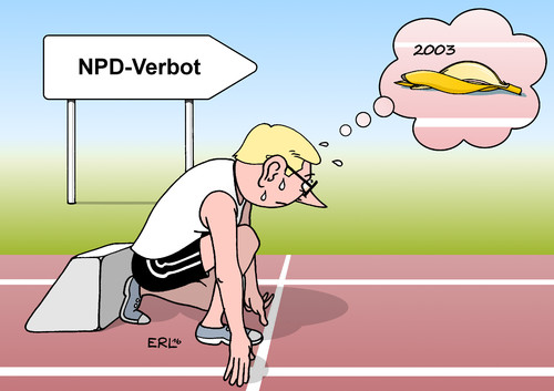 Cartoon: NPD-Verbot (medium) by Erl tagged npd,partei,rechtsextremismus,verbot,verbotsverfahren,bundesverfassungsgericht,karlsruhe,bundesrat,antrag,2003,scheitern,männer,lauf,bananenschale,ausrutschen,karikatur,erl,npd,partei,rechtsextremismus,verbot,verbotsverfahren,bundesverfassungsgericht,karlsruhe,bundesrat,antrag,2003,scheitern,männer,lauf,bananenschale,ausrutschen,karikatur,erl