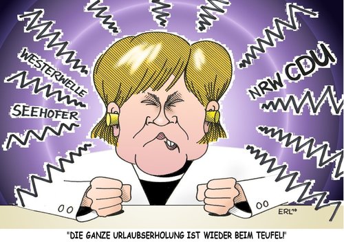 Cartoon: NRW CDU (medium) by Erl tagged merkel,urlaub,ende,erholung,westerwelle,seehofer,nrw,cdu,kampfabstimmung,röttgen,laschet,stress,angela merkel,urlaub,ende,erholung,guido westerwelle,horst seehofer,nrw,cdu,kampfabstimmung,angela,merkel,guido,westerwelle,horst,seehofer