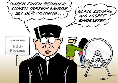 Cartoon: NSU-Prozess (medium) by Erl tagged zschäpe,beate,losfee,losverfahren,platzvergabe,pannen,prozess,aufklärung,ermittlung,terror,fremdenfeindlichkeit,rechtsextremismus,serie,mord,nsu,nsu,mord,serie,rechtsextremismus,fremdenfeindlichkeit,terror,ermittlung,aufklärung,prozess,pannen,platzvergabe,losverfahren,losfee,beate,zschäpe