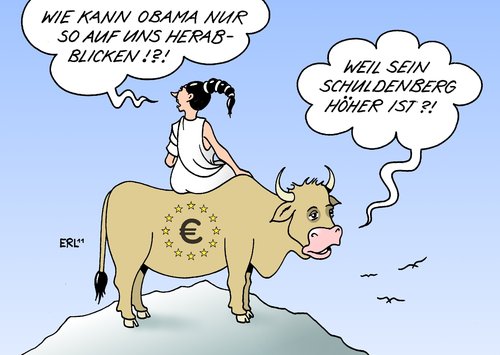 Cartoon: Obama Euro (medium) by Erl tagged schulden,schuldenkrise,usa,eu,präsident,obama,kritik,eurozone,euro,schuldenberg,europa,stier,schulden,schuldenkrise,usa,eu,präsident,obama,eurozone,kritik,euro,schuldenberg,europa,stier