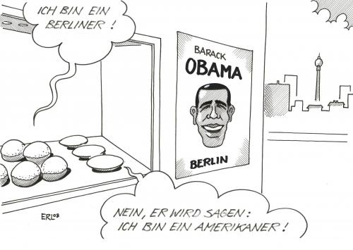 Cartoon: Obama in Berlin (medium) by Erl tagged barack,obama,berlin,john,kennedy,rede,berliner,amerikaner,gebäck,bäckerei,barack obama,berlin,john kennedy,rede,berliner,amerikaner,gebäck,bäckerei,präsident,siegessäule,wahl,usa,deutschlandbesuch,polemik,propaganda,liberal,minderheit,demokratie