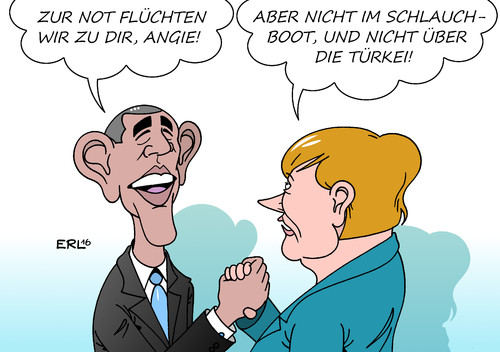 Cartoon: Obama Merkel (medium) by Erl tagged usa,wahl,präsident,trump,rassismus,sexismus,populismus,amtszeit,ende,barack,obama,abschied,besuch,europa,deutschland,bundeskanzlerin,angela,merkel,flüchtlinge,flucht,schlauchboot,türkei,abschottung,karikatur,erl,usa,wahl,präsident,trump,rassismus,sexismus,populismus,amtszeit,ende,barack,obama,abschied,besuch,europa,deutschland,bundeskanzlerin,angela,merkel,flüchtlinge,flucht,schlauchboot,türkei,abschottung,karikatur,erl