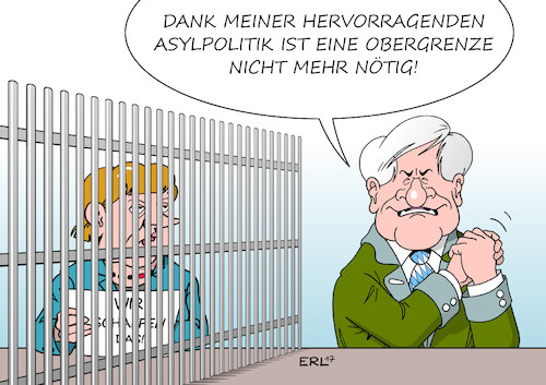 Cartoon: Obergrenze (medium) by Erl tagged csu,ministerpräsident,bayern,horst,seehofer,konflikt,schwesterpartei,cdu,bundeskanzlerin,angela,merkel,asylpolitik,flüchtlinge,flüchtlingspolitik,grenzöffnung,humanität,abschottung,forderung,obergrenze,wahlprogramm,aufgabe,karikatur,erl,csu,ministerpräsident,bayern,horst,seehofer,konflikt,schwesterpartei,cdu,bundeskanzlerin,angela,merkel,asylpolitik,flüchtlinge,flüchtlingspolitik,grenzöffnung,humanität,abschottung,forderung,obergrenze,wahlprogramm,aufgabe,karikatur,erl