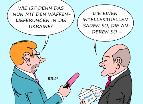 Cartoon: Offene Briefe (medium) by Erl tagged politik,krieg,angriff,überfall,wladimir,putin,russland,ukraine,deutschland,diskussion,lieferung,schwere,waffen,waffenlieferung,offener,brief,dagegen,alice,schwarzer,emma,dafür,ralf,fücks,bundeskanzler,olaf,scholz,intellektuelle,karikatur,erl,politik,krieg,angriff,überfall,wladimir,putin,russland,ukraine,deutschland,diskussion,lieferung,schwere,waffen,waffenlieferung,offener,brief,dagegen,alice,schwarzer,emma,dafür,ralf,fücks,bundeskanzler,olaf,scholz,intellektuelle,karikatur,erl