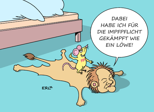 Cartoon: Olaf Löwenherz (medium) by Erl tagged politik,corona,virus,pandemie,covid19,regierung,bundeskanzler,olaf,scholz,gesundheitsminister,karl,lauterbach,für,impfpflicht,halbherzig,verantwortung,abgeordnete,abstimmung,gewissen,bundestag,niederlage,spd,grüne,sieg,maus,kubicki,fdp,löwe,bettvorleger,führung,führungsschwäche,karikatur,erl,politik,corona,virus,pandemie,covid19,regierung,bundeskanzler,olaf,scholz,gesundheitsminister,karl,lauterbach,für,impfpflicht,halbherzig,verantwortung,abgeordnete,abstimmung,gewissen,bundestag,niederlage,spd,grüne,sieg,maus,kubicki,fdp,löwe,bettvorleger,führung,führungsschwäche,karikatur,erl