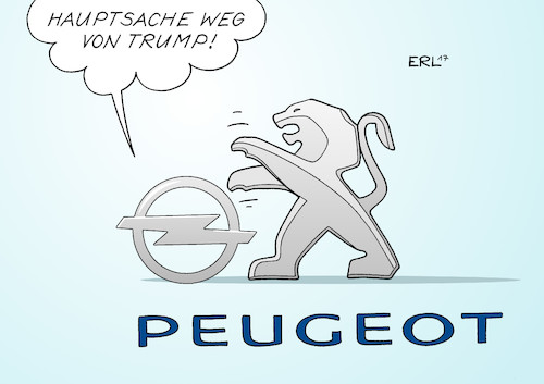 Cartoon: Opel Peugeot (medium) by Erl tagged auto,automobilbau,autobauer,opel,verlust,minus,usa,deutschland,gerücht,übernahme,psa,peugeot,frankreich,donald,trump,rechtspopulismus,unberechenbarkeit,ungewissheit,arbeitsplätze,wirtschaft,industrie,karikatur,erl,auto,automobilbau,autobauer,opel,verlust,minus,usa,deutschland,gerücht,übernahme,psa,peugeot,frankreich,donald,trump,rechtspopulismus,unberechenbarkeit,ungewissheit,arbeitsplätze,wirtschaft,industrie,karikatur,erl