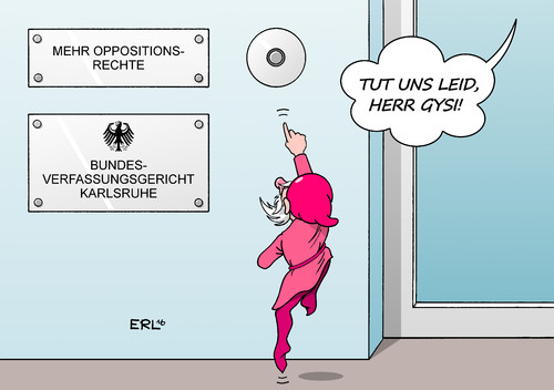 Cartoon: Opposition (medium) by Erl tagged opposition,bundestag,linke,grüne,oppositionsrechte,stärkung,karlsruhe,bundesverfassungsgericht,ablehnung,gregor,gysi,klingel,zwerg,karikatur,erl,opposition