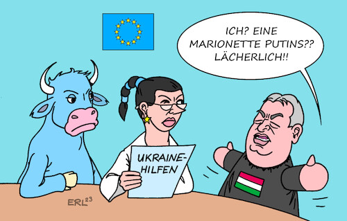 Cartoon: Orban (medium) by Erl tagged politik,eu,gipfel,krieg,angriff,überfall,russland,ukraine,hilfe,waffen,geld,blockade,ungarn,viktor,orban,rechtspopulismus,marionette,handpuppe,wladimir,putin,europa,stier,karikatur,erl,politik,eu,gipfel,krieg,angriff,überfall,russland,ukraine,hilfe,waffen,geld,blockade,ungarn,viktor,orban,rechtspopulismus,marionette,handpuppe,wladimir,putin,europa,stier,karikatur,erl