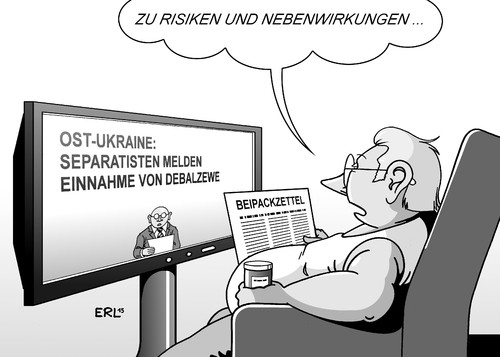 Cartoon: Ost-Ukraine (medium) by Erl tagged ukraine,konflikt,krie,ostukraine,separatisten,russland,waffenruhe,kessel,debalzewe,einnahme,medizin,tabletten,risiken,nebenwirkungen,beipackzettel