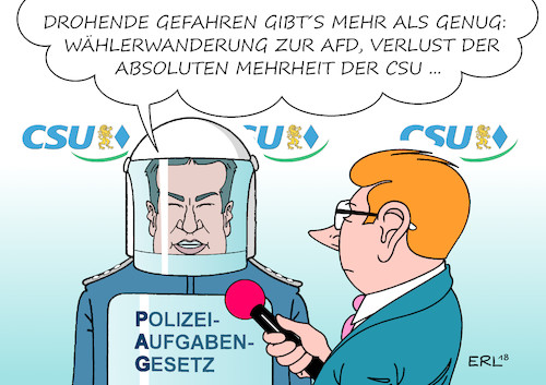 Cartoon: PAG Bayern (medium) by Erl tagged politik,bayern,csu,polizeiaufgabengesetz,pag,erweiterung,kompetenz,polizei,ermittlung,verhaftung,haft,drohende,gefahr,rechtsstaat,aushöhlung,werbung,wähler,wahlkampf,stimmen,afd,angst,verlust,absolute,mehrheit,ministerpräsident,markus,söder,karikatur,erl,politik,bayern,csu,polizeiaufgabengesetz,pag,erweiterung,kompetenz,polizei,ermittlung,verhaftung,haft,drohende,gefahr,rechtsstaat,aushöhlung,werbung,wähler,wahlkampf,stimmen,afd,angst,verlust,absolute,mehrheit,ministerpräsident,markus,söder,karikatur,erl