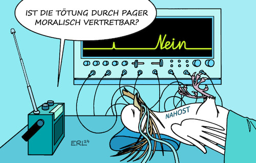 Cartoon: Pager (medium) by Erl tagged politik,nahost,israel,tötung,terroristen,sprengstoff,pager,gerät,nachrichten,moral,intensivstation,friedenstaube,karikatur,erl,politik,nahost,israel,tötung,terroristen,sprengstoff,pager,gerät,nachrichten,moral,intensivstation,friedenstaube,karikatur,erl