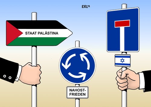 Cartoon: Palästina Israel (medium) by Erl tagged palästina,un,beobachter,status,staat,anerkennung,israel,sackgasse,nahost,frieden,friede,schild,verkehrsschild,flagge,kreisverkehr,palästina,un,beobachter,status,staat,anerkennung,israel,sackgasse,nahost,frieden,friede,schild,verkehrsschild,flagge,kreisverkehr