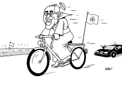 Cartoon: Papa mobil (medium) by Erl tagged papst,franziskus,papamibil,fahrrad,armut,bescheidenheit,kirche,glaube,liebe,sicherheitskräfte
