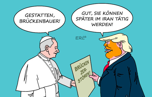 Cartoon: Papst Leo XIV (medium) by Erl tagged politik,usa,trump,angriff,krieg,iran,zerstörung,brücken,ostern,papst,leo,xiv,segen,brückenbauer,karikatur,erl,politik,usa,trump,angriff,krieg,iran,zerstörung,brücken,ostern,papst,leo,xiv,segen,brückenbauer,karikatur,erl