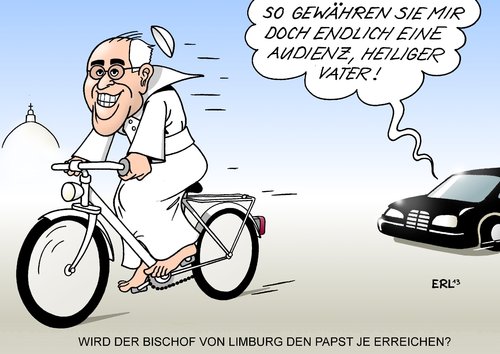 Cartoon: Papst und Bischof (medium) by Erl tagged bischof,von,limburg,franz,peter,tebartz,van,elst,neubau,bischofssitz,kosten,kostenexplosion,flug,indien,erste,klasse,vorwurf,falschaussage,lüge,geld,prunk,reichtum,armut,rücktritt,forderung,reise,rom,papst,franziskus,warten,audienz,sparsamkeit,fahrrad,auto,limousine,bischof,von,limburg,franz,peter,tebartz,van,elst,neubau,bischofssitz,kosten,kostenexplosion,flug,indien,erste,klasse,vorwurf,falschaussage,lüge,geld,prunk,reichtum,armut,rücktritt,forderung,reise,rom,papst,franziskus,warten,audienz,sparsamkeit,fahrrad,auto,limousine