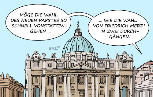 Cartoon: Papstwahl (medium) by Erl tagged politik,religion,glaube,kirche,vatikan,konklave,papstwahl,kanzlerwahl,friedrich,merz,zwei,wahlgänge,karikatur,erl,politik,religion,glaube,kirche,vatikan,konklave,papstwahl,kanzlerwahl,friedrich,merz,zwei,wahlgänge,karikatur,erl