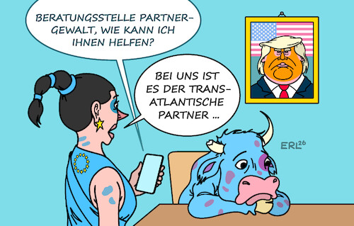 Cartoon: Partnergewalt (medium) by Erl tagged politik,gesellschaft,gewalt,partner,partnerschat,transatlantisch,usa,trump,drohungen,beleidigungen,faustrecht,europa,stier,karikatur,erl,politik,gesellschaft,gewalt,partner,partnerschat,transatlantisch,usa,trump,drohungen,beleidigungen,faustrecht,europa,stier,karikatur,erl
