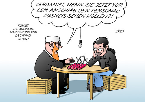 Cartoon: Personalausweis (medium) by Erl tagged is,staat,terror,islamismus,dschihad,dschihadist,kämpfer,deutschland,ausreise,personalausweis,einreise,diskussion,plan,markierung,terrorist,anschlag,kontrolle,is,staat,terror,islamismus,dschihad,dschihadist,kämpfer,deutschland,ausreise,personalausweis,einreise,diskussion,plan,markierung,terrorist,anschlag,kontrolle