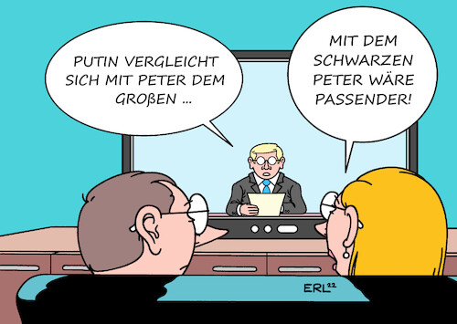 Cartoon: Peter Putin (medium) by Erl tagged politik,krieg,russland,ukraine,diktator,wladimir,putin,selbstverständnis,zar,peter,der,große,vergleich,kartenspiel,schwarzer,karikatur,erl,politik,krieg,russland,ukraine,diktator,wladimir,putin,selbstverständnis,zar,peter,der,große,vergleich,kartenspiel,schwarzer,karikatur,erl