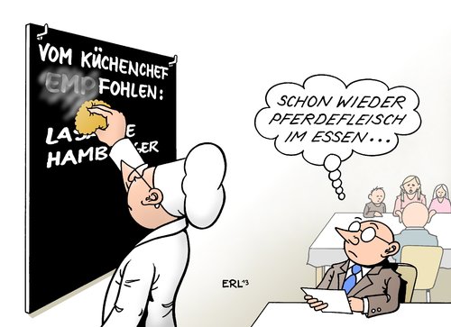 Cartoon: Pferdefleisch (medium) by Erl tagged lebensmittelskandal,lebensmittel,skandal,fleisch,rindfleisch,pferdefleisch,etikett,pferd,fohlen,empfehlen,koch,küchenchef,retaurant,lebensmittelskandal,lebensmittel,skandal,fleisch,rindfleisch,pferdefleisch,etikett,pferd,fohlen,empfehlen,koch,küchenchef,retaurant