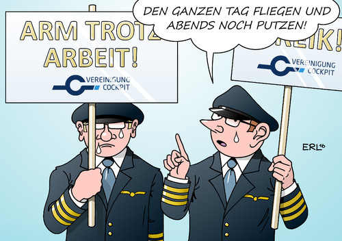 Cartoon: Pilotenstreik (medium) by Erl tagged lufthansa,pilot,piloten,streik,gehalt,altersversorgung,rente,armut,arbeit,niedriglohnsektor,putzen,nebenjob,karikatur,erl,lufthansa,pilot,piloten,streik,gehalt,altersversorgung,rente,armut,arbeit,niedriglohnsektor,putzen,nebenjob,karikatur,erl