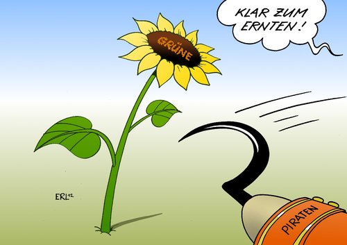 Cartoon: Piraten Grüne (medium) by Erl tagged motivation,interesse,begeisterung,politik,demokratie,sonnenblume,sichel,enterhaken,ernten,entern,überholen,zustimmung,wähler,umfragewerte,grünen,die,partei,piraten,piratenpartei,umfragewerte,wähler,zustimmung,überholen,grünen,ernten,entern