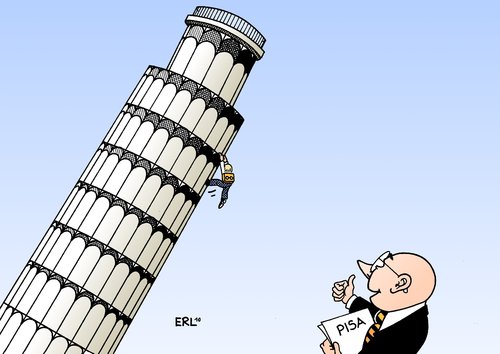 Cartoon: Pisa (medium) by Erl tagged bildung,schule,oecd,studie,vergleich,ländervergleivh,schüler,test,prüfung,pisa,turm,schief,klettern,bildung,schule,studie,vergleich,schüler,prüfung,pisa,test