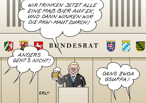 Cartoon: PKW-Maut (medium) by Erl tagged pkw,maut,ausländer,gesetz,csu,wahlkampf,politik,groko,regierung,bundestag,bundesrat,skepsis,länder,durchwinken,bier,maß,trinken,alkohol,drogen,ex,volker,bouffier,bundesratspräsident,karikatur,erl,pkw,maut,ausländer,gesetz,csu,wahlkampf,politik,groko,regierung,bundestag,bundesrat,skepsis,länder,durchwinken,bier,maß,trinken,alkohol,drogen,ex,volker,bouffier,bundesratspräsident