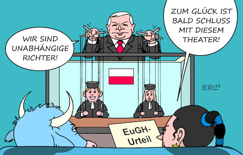 Cartoon: Polen (medium) by Erl tagged politik,eu,polen,justiz,reform,justizreform,ende,unabhängigkeit,richterinnen,richter,urteil,eugh,europäischer,gerichtshof,verstoß,europäisches,recht,europa,stier,kaczynski,theater,marionettentheater,marionetten,karikatur,erl,politik,eu,polen,justiz,reform,justizreform,ende,unabhängigkeit,richterinnen,richter,urteil,eugh,europäischer,gerichtshof,verstoß,europäisches,recht,europa,stier,kaczynski,theater,marionettentheater,marionetten,karikatur,erl