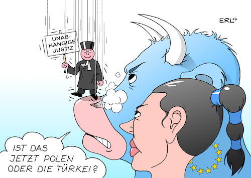 Cartoon: Polen oder Türkei (medium) by Erl tagged polen,justiz,reform,richter,kontrolle,regierung,pis,partei,gefahr,unabhängigkeit,gewaltenteilung,demokratie,ärger,eu,europa,stier,nase,tanzen,türkei,präsident,erdogan,putsch,versuch,verhaftungen,vorwurf,terrorismus,unterstützung,amnesty,international,karikatur,erl,polen,justiz,reform,richter,kontrolle,regierung,pis,partei,gefahr,unabhängigkeit,gewaltenteilung,demokratie,ärger,eu,europa,stier,nase,tanzen,türkei,präsident,erdogan,putsch,versuch,verhaftungen,vorwurf,terrorismus,unterstützung,amnesty,international,karikatur,erl