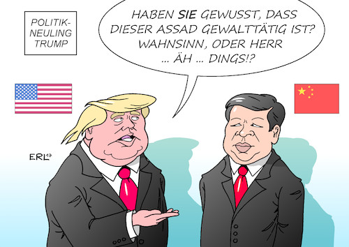 Cartoon: Politik-Neuling Trump (medium) by Erl tagged china,staatspräsident,xi,jinping,besuch,usa,präsident,donald,trump,weltpolitik,neuling,unerfahrenheit,naivität,ahnungslosigkeit,syrien,bürgerkrieg,diktator,assad,giftgas,gewalt,kriegsverbrechen,karikatur,erl,china,staatspräsident,xi,jinping,besuch,usa,präsident,donald,trump,weltpolitik,unerfahrenheit,naivität,ahnungslosigkeit,syrien,bürgerkrieg,diktator,assad,giftgas,gewalt,kriegsverbrechen,karikatur,erl