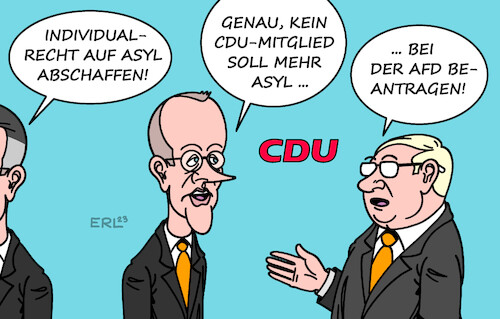 Cartoon: Politik Asylrecht Vorschlag CDU (medium) by Erl tagged politik,asylrecht,vorschlag,cdu,thorsten,frei,abschaffung,individualrecht,asyl,kontingent,angst,wähler,wanderung,abwanderung,afd,rechtspopulismus,rechtsextremismus,nachahmung,halbierung,friedrich,merz,karikatur,erl,politik,asylrecht,vorschlag,cdu,thorsten,frei,abschaffung,individualrecht,asyl,kontingent,angst,wähler,wanderung,abwanderung,afd,rechtspopulismus,rechtsextremismus,nachahmung,halbierung,friedrich,merz,karikatur,erl