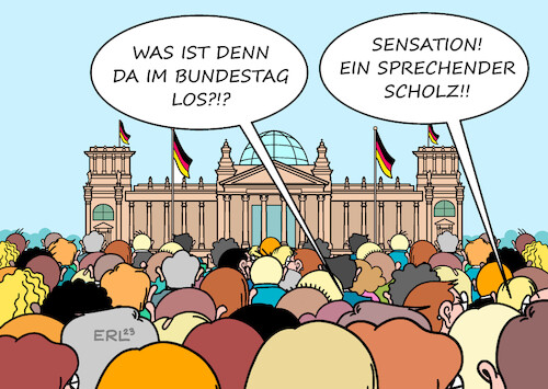 Cartoon: Politik Bundestag Bundeskanzler (medium) by Erl tagged politik,bundestag,bundeskanzler,olaf,scholz,fragen,antworten,panzerlieferung,ukraine,krieg,russland,deutschland,kampfpanzer,leopard,sprechen,kommunikation,selten,ereignis,sensation,karikatur,erl,politik,bundestag,bundeskanzler,olaf,scholz,fragen,antworten,panzerlieferung,ukraine,krieg,russland,deutschland,kampfpanzer,leopard,sprechen,kommunikation,selten,ereignis,sensation,karikatur,erl