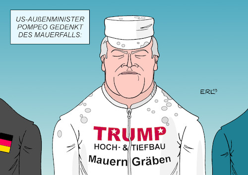 Cartoon: Pompeo Mauerfall (medium) by Erl tagged politik,deutschland,gedenken,30,jahre,mauerfall,november,1989,ende,kalter,krieg,zusammenwachsen,wiedervereinigung,besuch,usa,außenminister,mike,pompeo,regierung,donald,trump,rechtspopulismus,nationalismus,rassismus,mauer,mauern,spaltung,gräben,maurer,baufirma,karikatur,erl,politik,deutschland,gedenken,30,jahre,mauerfall,november,1989,ende,kalter,krieg,zusammenwachsen,wiedervereinigung,besuch,usa,außenminister,mike,pompeo,regierung,donald,trump,rechtspopulismus,nationalismus,rassismus,mauer,mauern,spaltung,gräben,maurer,baufirma,karikatur,erl