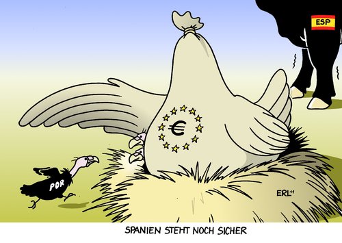 Cartoon: Portugal Spanien (medium) by Erl tagged europa,eu,euro,krise,rettungsschirm,bürgschaft,schulden,pleite,portugal,griechenland,irland,spanien,stier,huhn,glucke,geier,europa,eu,euro,rettungsschirm,krise,bürgschaft,schulden,pleite,portugal,griechenland,irland,spanien,stier,huhn,glucke,geier