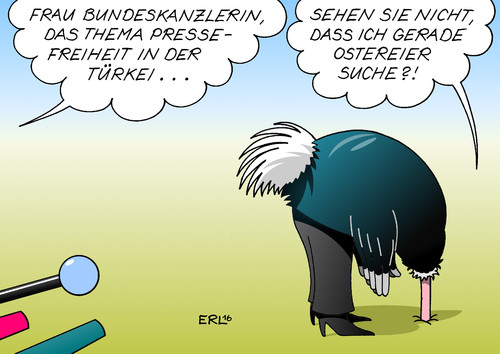 Cartoon: Pressefreiheit Türkei (medium) by Erl tagged türkei,pressefreiheit,journalisten,verhaftung,bericht,kritik,politik,präsident,erdogan,eu,flüchtlinge,deal,bundeskanzlerin,merkel,vogel,strauß,kopf,sand,suche,ostereier,ostern,karikatur,erl,türkei,pressefreiheit,journalisten,verhaftung,bericht,kritik,politik,präsident,erdogan,eu,flüchtlinge,deal,bundeskanzlerin,merkel,vogel,strauß,kopf,sand,suche,ostereier,ostern,karikatur,erl