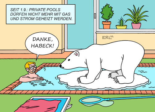 Cartoon: Privatpool (medium) by Erl tagged politik,krieg,russland,ukraine,gas,knappheit,verteuerung,sparen,bundesregierung,ampel,spd,grüne,fdp,verordnung,verbot,heizung,swimming,pool,privat,strom,kälte,eis,eisbär,wirtschaftsminister,robert,habeck,karikatur,erl,politik,krieg,russland,ukraine,gas,knappheit,verteuerung,sparen,bundesregierung,ampel,spd,grüne,fdp,verordnung,verbot,heizung,swimming,pool,privat,strom,kälte,eis,eisbär,wirtschaftsminister,robert,habeck,karikatur,erl