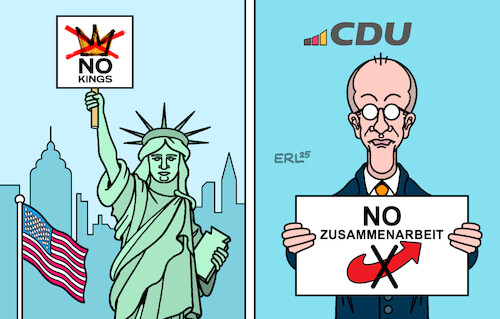 Cartoon: Proteste (medium) by Erl tagged politik,usa,trump,autokratie,proteste,no,king,deutschland,cdu,friedrich,merz,gegen,zusammenarbeit,afd,karikatur,erl,politik,usa,trump,autokratie,proteste,no,king,deutschland,cdu,friedrich,merz,gegen,zusammenarbeit,afd,karikatur,erl