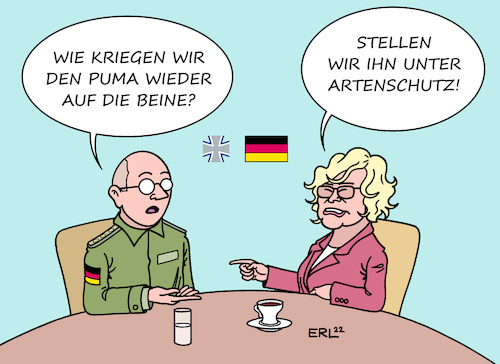 Cartoon: Puma I (medium) by Erl tagged politik,bundeswehr,panzer,schützenpanzer,puma,totalausfall,treffen,verteidigungsministerin,christine,lambrecht,lösung,vorschläge,artenschutz,tiere,karikatur,erl,politik,bundeswehr,panzer,schützenpanzer,puma,totalausfall,treffen,verteidigungsministerin,christine,lambrecht,lösung,vorschläge,artenschutz,tiere,karikatur,erl