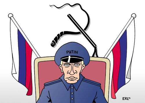 Cartoon: Putin (medium) by Erl tagged russland,wladimir,putin,präsident,gelenkte,demokratie,polizeistaat,unterdrückung,opposition,einschränkung,versammlungsfreiheit,hammer,sichel,peitsche,schlagstock,russland,putin,präsident,gelenkte,demokratie