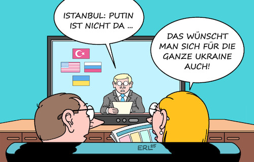 Cartoon: Putin (medium) by Erl tagged politik,krieg,russland,ukraine,verhandlungen,istanbul,putin,abwesend,karikatur,erl,politik,krieg,russland,ukraine,verhandlungen,istanbul,putin,abwesend,karikatur,erl