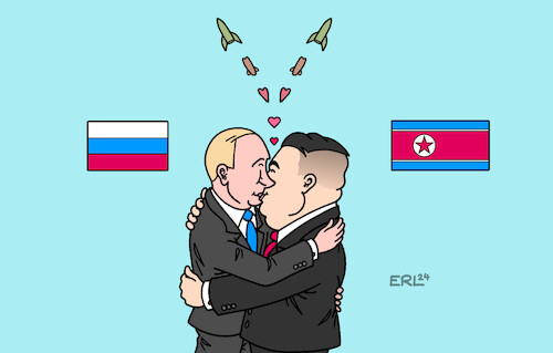 Cartoon: Putin und Kim (medium) by Erl tagged politik,krieg,angriff,überfall,russland,ukraine,wladimir,putin,unterstützung,nordkorea,diktator,kim,jong,un,besuch,treffen,bruderkuss,kuss,rakete,raketen,waffen,karikatur,erl,politik,krieg,angriff,überfall,russland,ukraine,wladimir,putin,unterstützung,nordkorea,diktator,kim,jong,un,besuch,treffen,bruderkuss,kuss,rakete,raketen,waffen,karikatur,erl