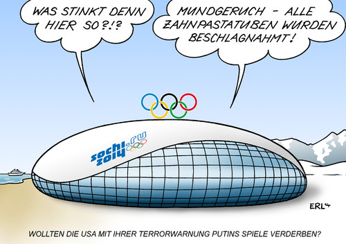 Cartoon: Putins Spiele (medium) by Erl tagged zahnpasta,sprengstoff,usa,terrorwarnung,terrorgefahr,terror,diskriminierung,einschränkung,homosexuelle,minderheiten,demokratie,meinungsfreiheit,menschenrechte,putin,präsident,russland,sport,winterspiele,spiele,olympische,olympia,2014,sochi,sotchi,sotschi,sotschi,sotchi,sochi,2014,olympia,olympische,spiele,winterspiele,sport,russland,präsident,putin,menschenrechte,meinungsfreiheit,demokratie,minderheiten,homosexuelle,einschränkung,diskriminierung,terror,terrorgefahr,terrorwarnung,usa,flugzeug,sprengstoff,zahnpastatube,mundgeruch,gestank,verderben