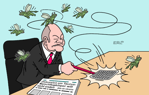 Cartoon: Quälgeist (medium) by Erl tagged politik,krieg,ukraine,hilfe,deutschland,waffenlieferungen,panzer,bundeskanzler,olaf,scholz,weigerung,lieferung,taurus,marschflugkörper,angst,kriegspartei,diskussion,fortlaufend,fliegen,quälgeist,quälgeister,fliegenklatsche,machtwort,karikatur,erl,politik,krieg,ukraine,hilfe,deutschland,waffenlieferungen,panzer,bundeskanzler,olaf,scholz,weigerung,lieferung,taurus,marschflugkörper,angst,kriegspartei,diskussion,fortlaufend,fliegen,quälgeist,quälgeister,fliegenklatsche,machtwort,karikatur,erl