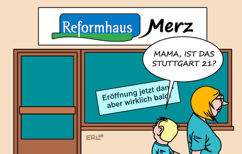 Cartoon: Reformhaus Merz (medium) by Erl tagged politik,bundesregierung,koaltion,kanzler,merz,reformen,reformhaus,eröffnung,stuttgart21,karikatur,erl,politik,bundesregierung,koaltion,kanzler,merz,reformen,reformhaus,eröffnung,stuttgart21,karikatur,erl