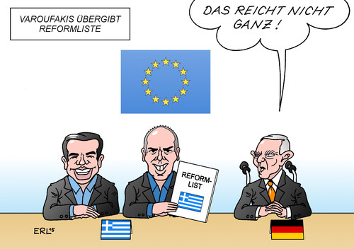 Cartoon: Reformliste (medium) by Erl tagged griechenland,krise,schulden,euro,kredit,hilfe,verlängerung,bedingung,reformen,sparkurs,regierung,tsipras,varoufakis,wahlversprechen,reformliste,reformlist,schäuble,eu,ezb,iwf,troika,geld,finanzen,karikatur,erl,griechenland,krise,schulden,euro,kredit,hilfe,verlängerung,bedingung,reformen,sparkurs,regierung,tsipras,varoufakis,wahlversprechen,reformliste,reformlist,schäuble,eu,ezb,iwf,troika,geld,finanzen