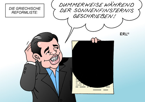 Cartoon: Reformliste (medium) by Erl tagged griechenland,krise,schulden,euro,banken,eu,ezb,iwf,troika,sparkurs,hilfe,kredit,bedingung,reformen,reform,liste,reformliste,regierung,tsipras,sonnenfinsternis,partiell,sonne,mond,karikatur,erl,griechenland,krise,schulden,euro,banken,eu,ezb,iwf,troika,sparkurs,hilfe,kredit,bedingung,reformen,reform,liste,reformliste,regioerung,tsipras,sonnenfinsternis,partiell,sonne,mond