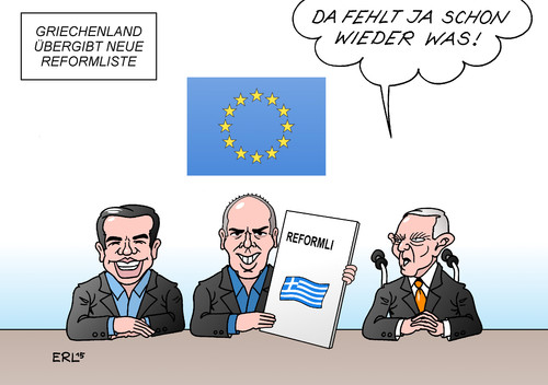 Cartoon: Reformliste (medium) by Erl tagged griechenland,krise,schulden,euro,troika,eu,ezb,iwf,hilfe,bedingung,reformen,liste,reformliste,tsipras,varouvakis,wenig,fehlen,schäuble,karikatur,erl,griechenland,krise,schulden,euro,troika,eu,ezb,iwf,hilfe,bedingung,reformen,liste,reformliste,tsipras,varouvakis,wenig,fehlen,schäuble